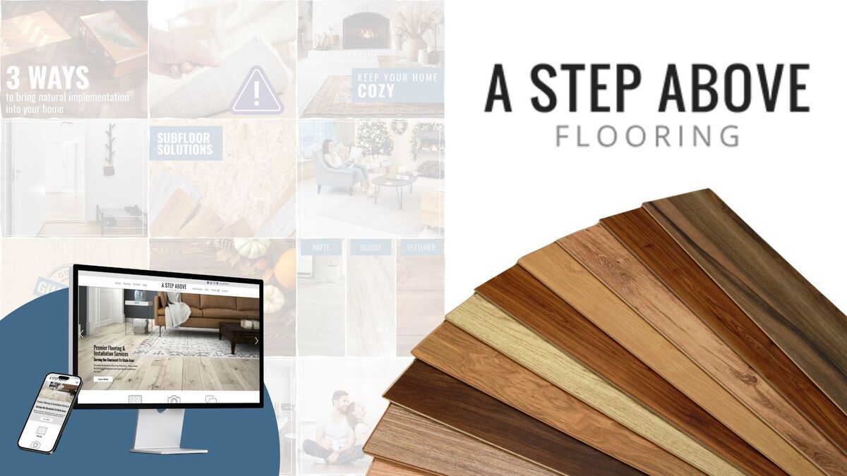 A Step Above Flooring logo and website with floor planks